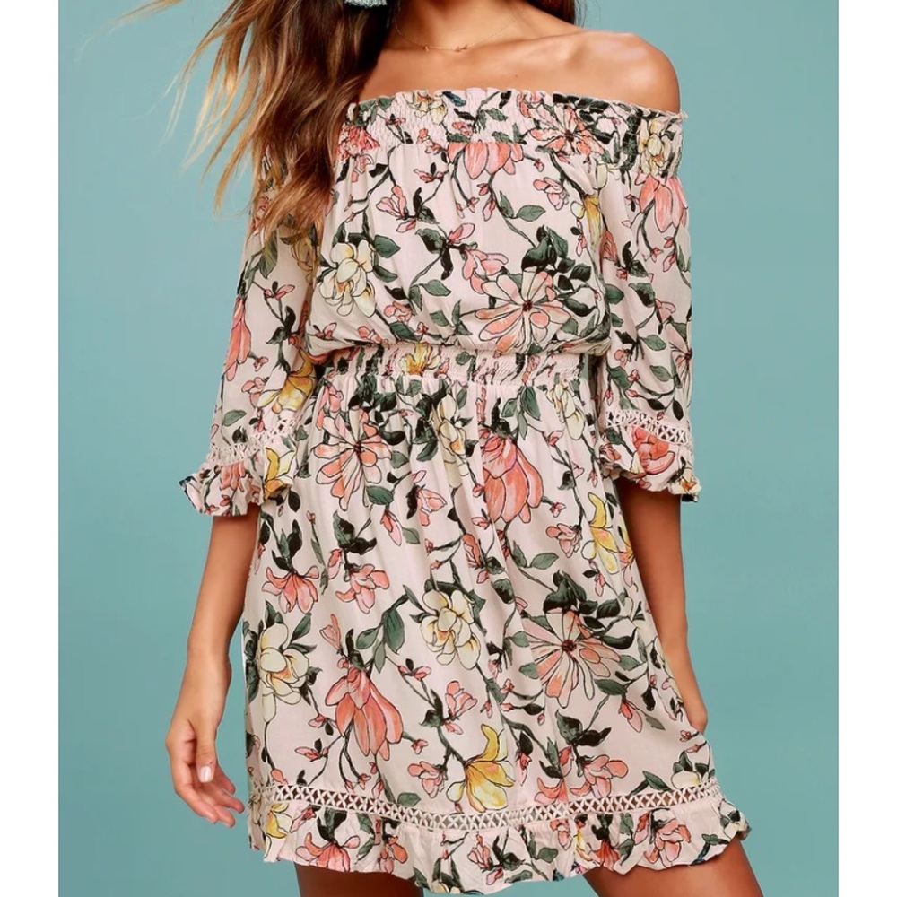 Lulus pink floral off the shoulder dress